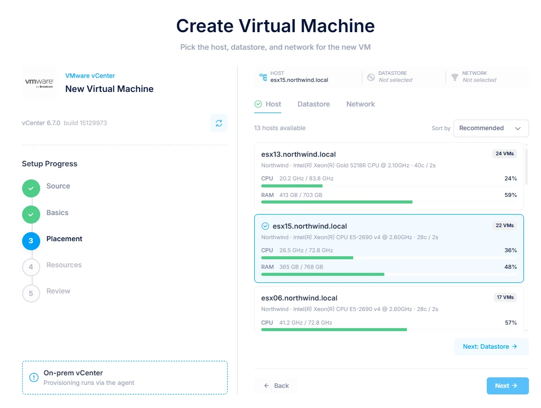 Provision a VMware vCenter VM in TierOps — pick host, datastore, and network with live capacity