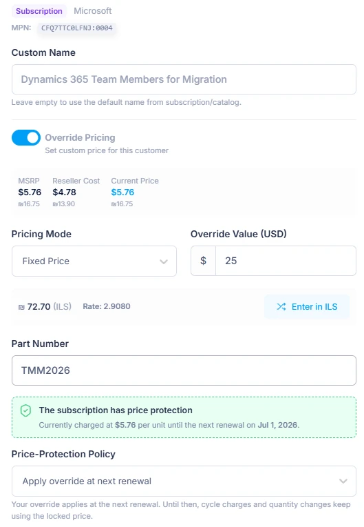 TierOps pricing override — set fixed price, margin %, or discount per customer, with price protection